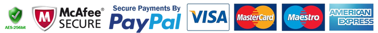Secure payments: McAfee, PayPal, Visa, MasterCard, American Express